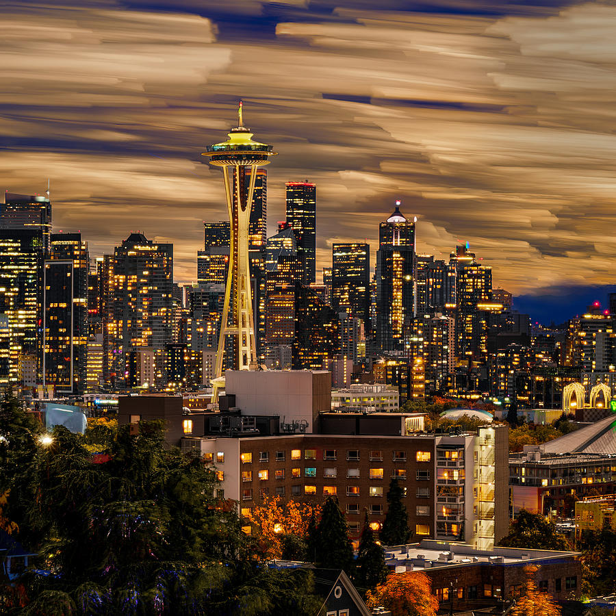Seattle Fall Night, A Time Blend Photograph by Bruce Li