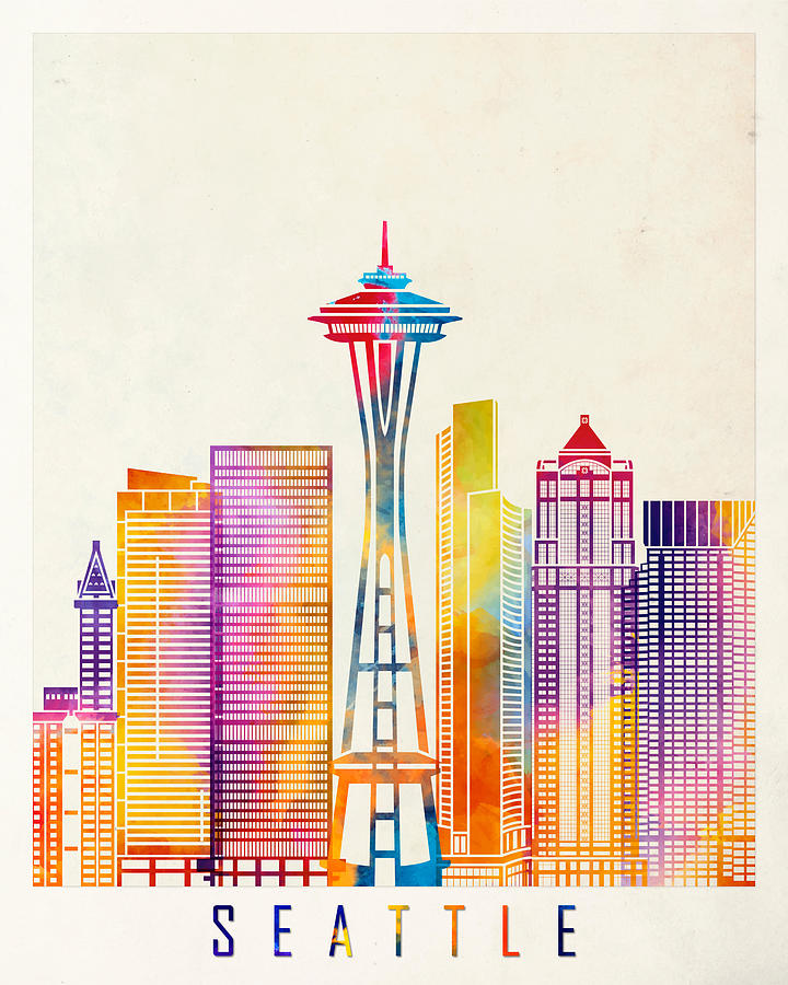 City Drawing - Seattle Landmarks Watercolor Poster by Domiciano Pablo Romero Franco