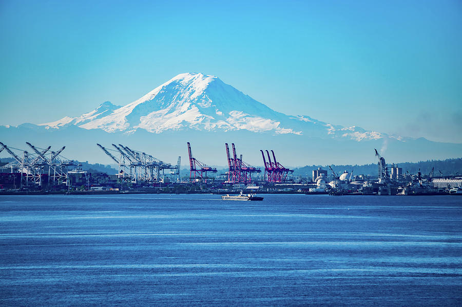 Seattle Port with Red Cranes and Boats with Mt Rainier  Photograph by Alex Grichenko