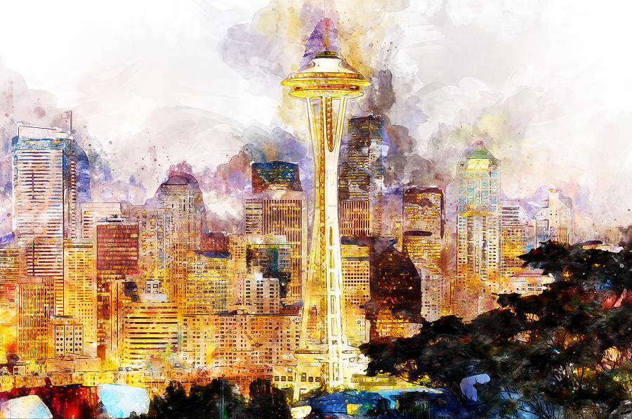 Seattle Skyline - 02 Painting by AM FineArtPrints
