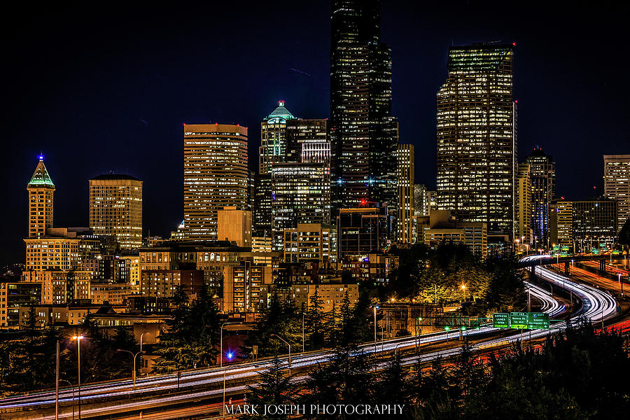 Seattle Skyline at Night Photograph by Mark Joseph