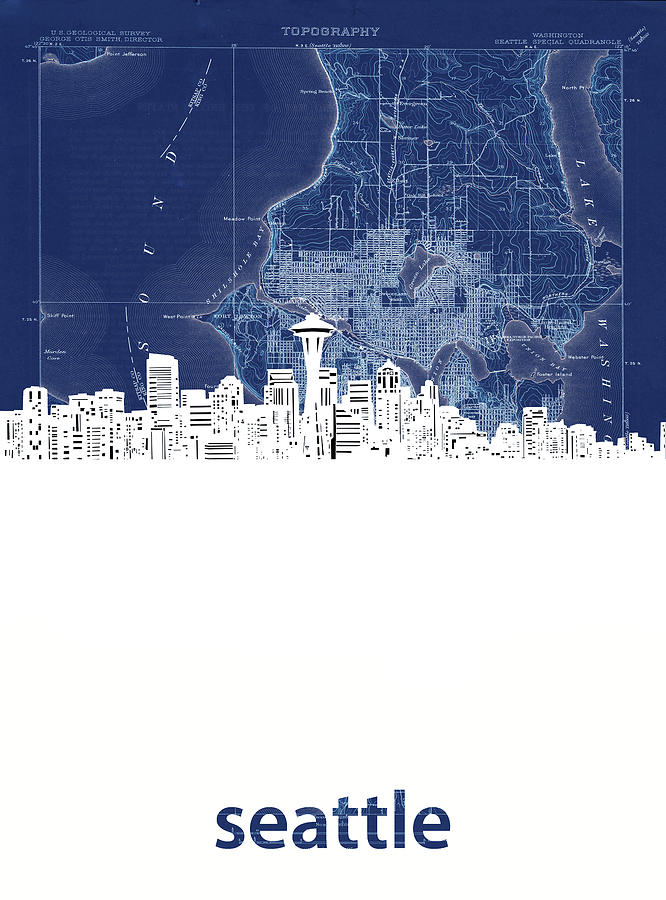 Seattle Skyline Map Blue Digital Art by Bekim M