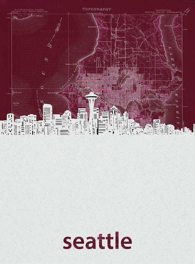 Seattle Skyline Map Red Digital Art by Bekim M
