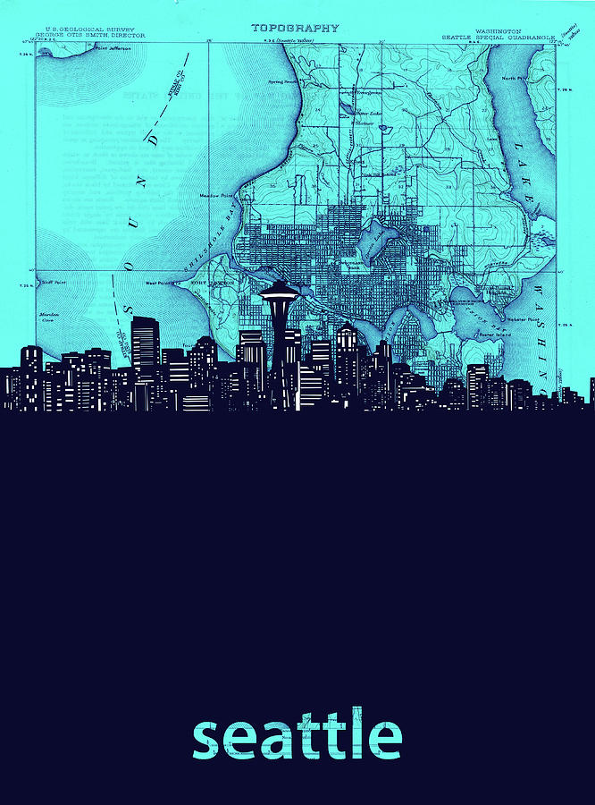 Seattle Digital Art - Seattle Skyline Map Turquoise by Bekim M