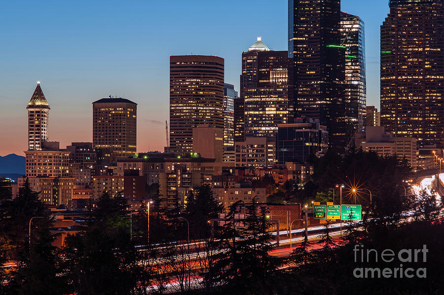 Seattle Skyline Sunset  Photograph by Jim Corwin