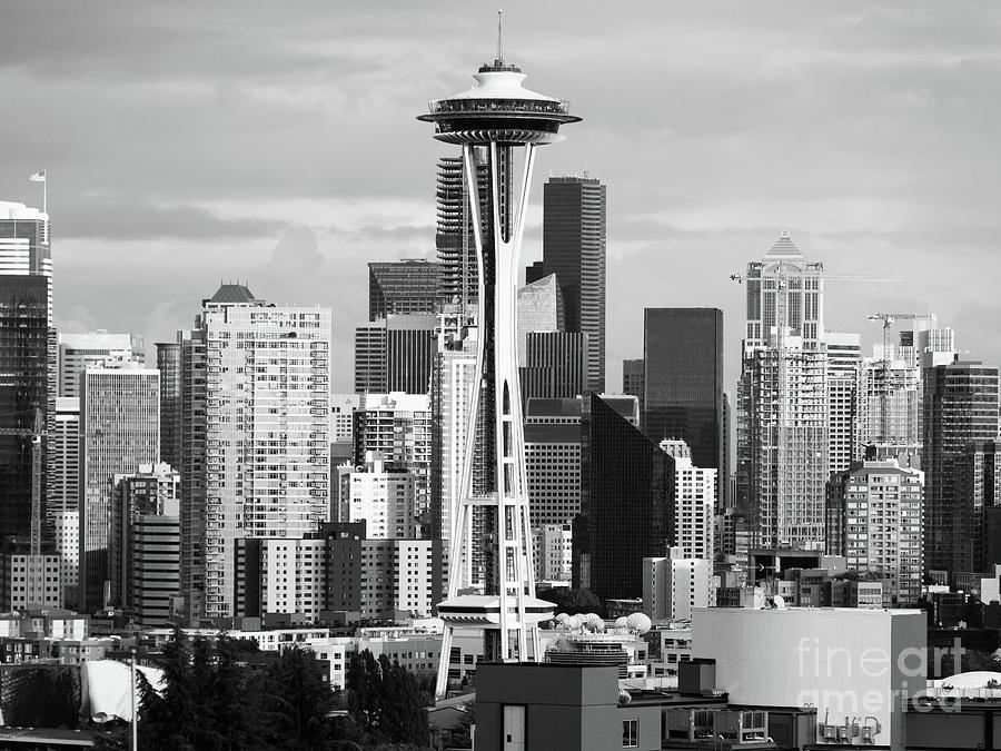 Seattle Space Needle and Cityscape Skyline R1621 black and white Photograph by Wingsdomain Art and Photography
