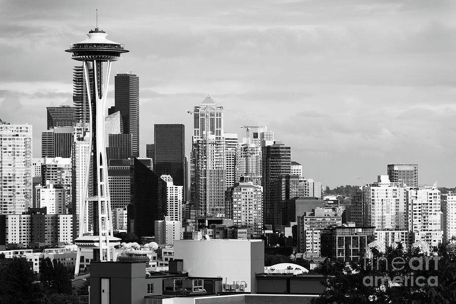 Seattle Space Needle and Cityscape Skyline R1624 black and white Photograph by Wingsdomain Art and Photography