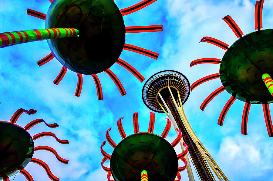 Seattle Space Needle And Flower Sculptures Photograph by Garry Gay