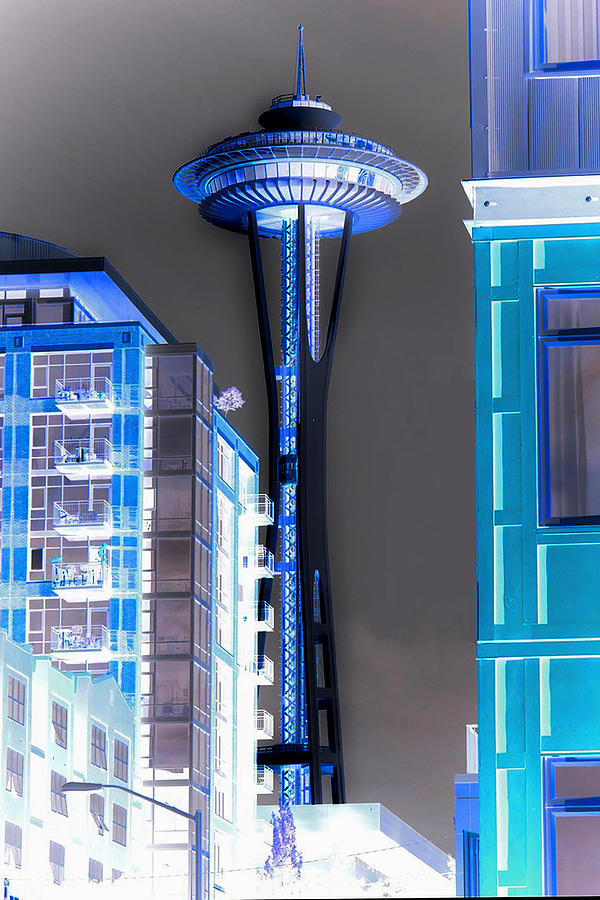 Seattle Digital Art - Seattle Spece Needle - Negative Blue by Marlene Watson