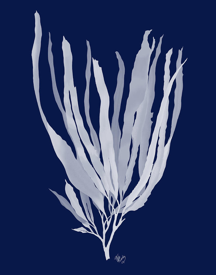Seaweed 1 White On Navy Blue Painting by Fab Funky