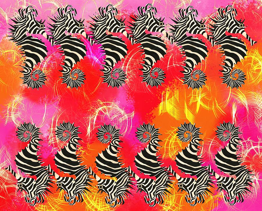 Seahorses Black And White Striped On Pink Red Orange Gold Drawing by Joan Stratton