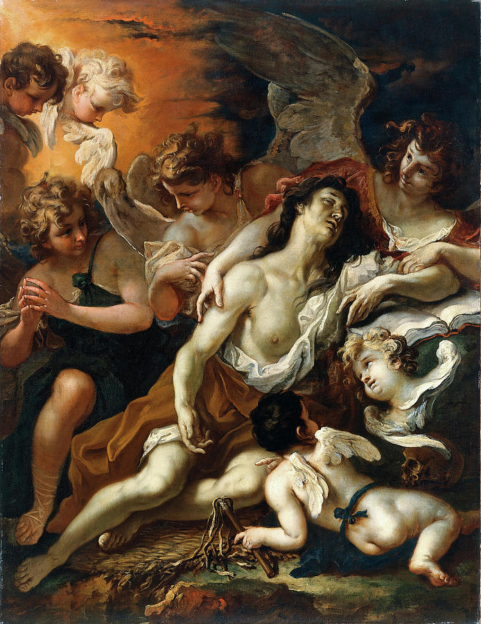 Sebastiano Ricci -Belluno, 1659-Venice, 1734-. Mary Magdalen conforted by Angels -ca. 1694-. Oil ... Painting by Sebastiano Ricci -1659-1734-