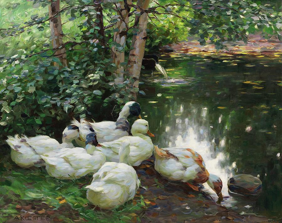 Sechs Enten Am Teichufer Painting by Alexander Koester | Fine Art America