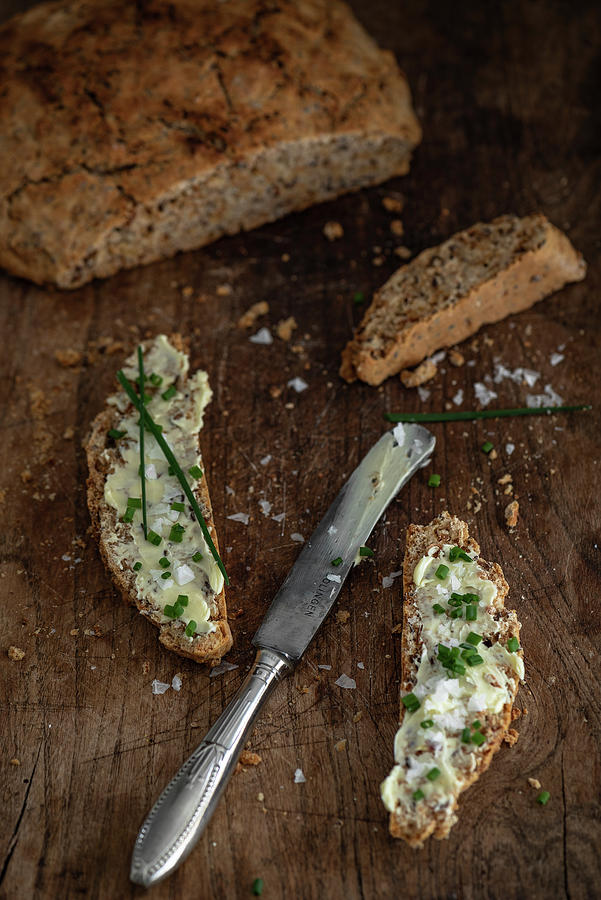 Seeded Bread With Butter, Chives And Sea Salt Photograph by M. Nlke