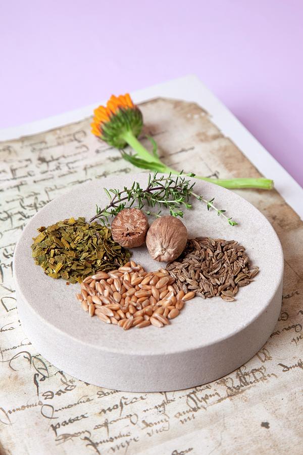 Seeds, Spices And Herbs For Practising Medicine According To Hildegard Von Bingen Photograph by Jalag / Annette Falck