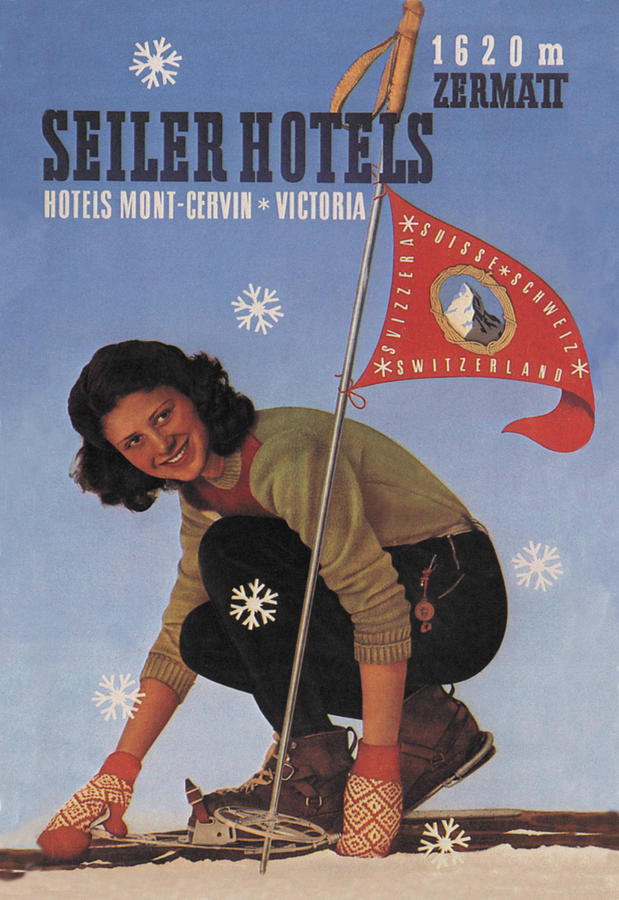 Seiler Hotel: Woman Adjusting Skis Painting by Mattei F.