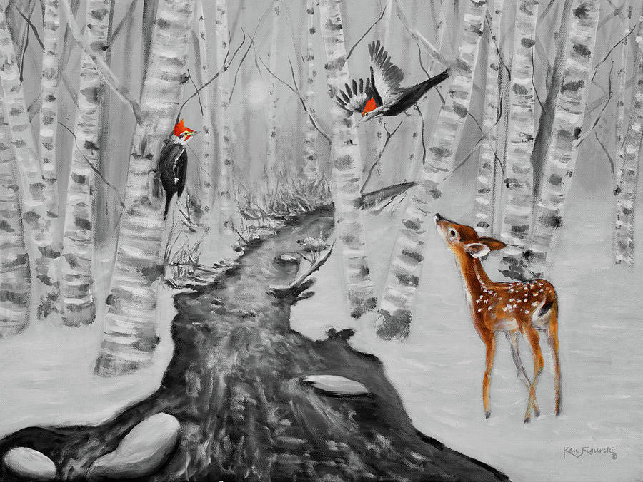 Pileated woodpecker deer Painting Painting by Ken Figurski