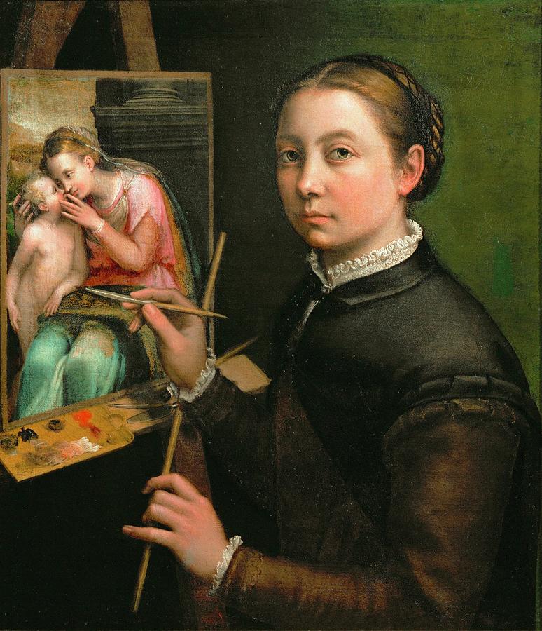 Self-portrait, painting the Madonna, 1556 Canvas, 66 x 57 cm. Painting by Sofonisba Anguissola -c 1532-1625-