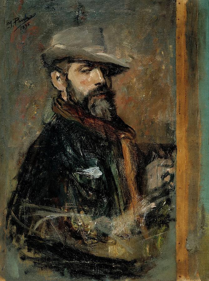 Self-Portrait Painting -Young Man with a Hat-, 1895, Spanish School... Painting by Ignacio Pinazo Camarlench -1849-1916-