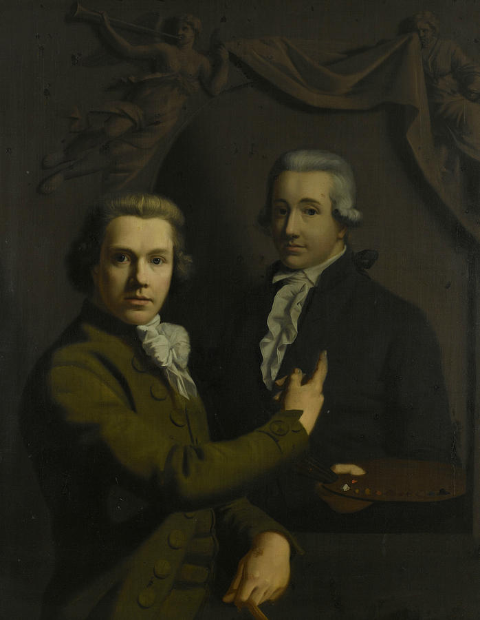Self-portrait, pointing to the portrait of his deceased colleague Painting by Willem Bartel van der Kooi