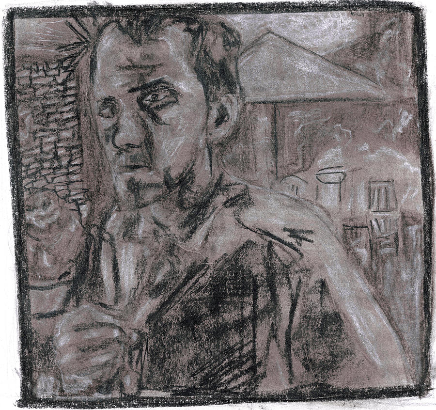 Self portrait tugging shirt Drawing by Edgeworth Johnstone