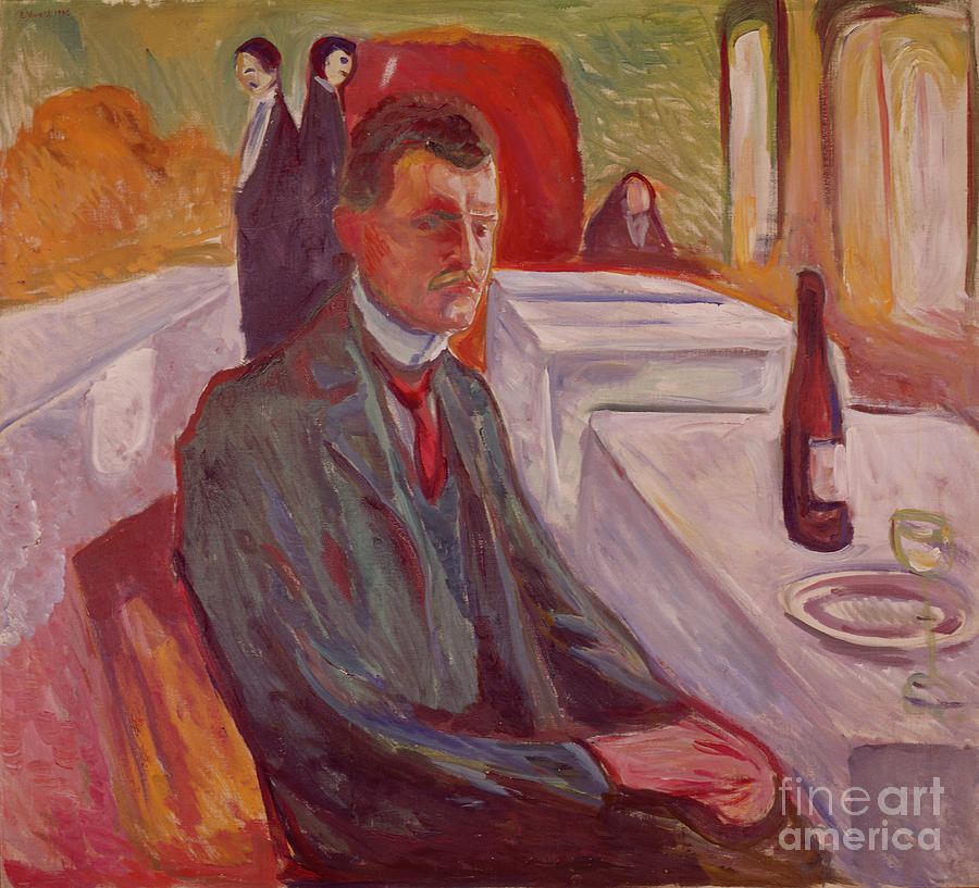 Self-portrait with wine  Painting by O Vaering by Edvard Munch