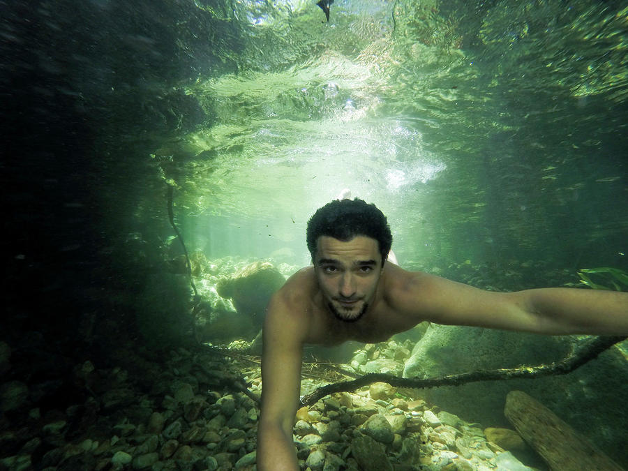 Jungle Photograph - Selfie Of Young Adult Swimming Underwater On Clean Rainforest River by Cavan Images