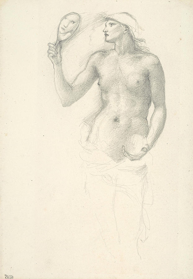 Semi-Nude Female Figure with Mirror in Right Hand Drawing by Edward Burne-Jones