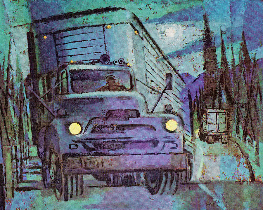 Transportation Drawing - Semi Truck at Night by CSA Images