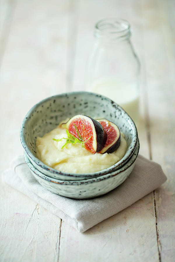 Semolina Pudding With Almond Milk, Rice Syrup And Figs vegan Photograph by Jan Wischnewski
