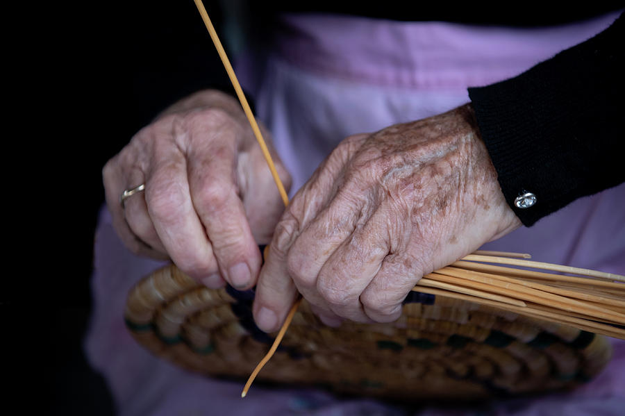 Senior woman knitting a traditional basket with reeds   Photograph by Michalakis Ppalis