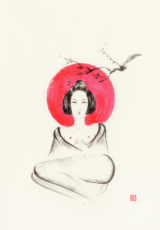 Painting Drawing Japanese Woman Geisha Rising Sun Canvas Art Print