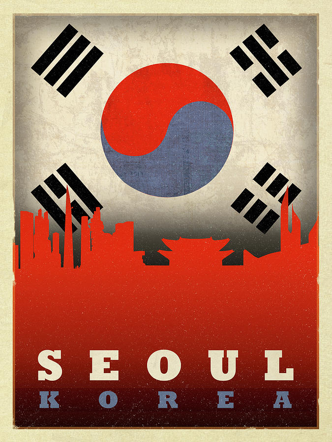 Seoul Korea City Skyline Flag Mixed Media by Design Turnpike