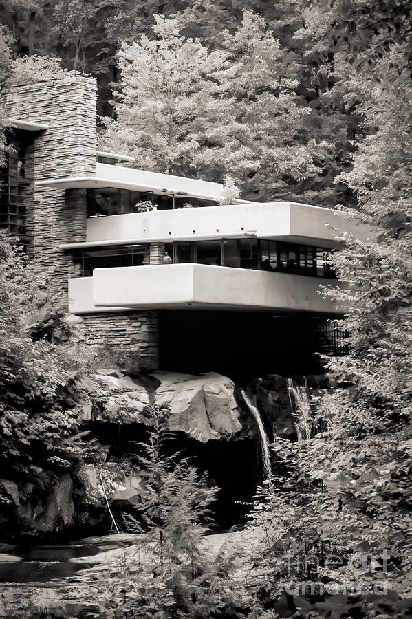 Architecture Photograph - Sepia Fallingwater Frank Lloyd Wright Architecture Full View Waterfall by Chuck Kuhn