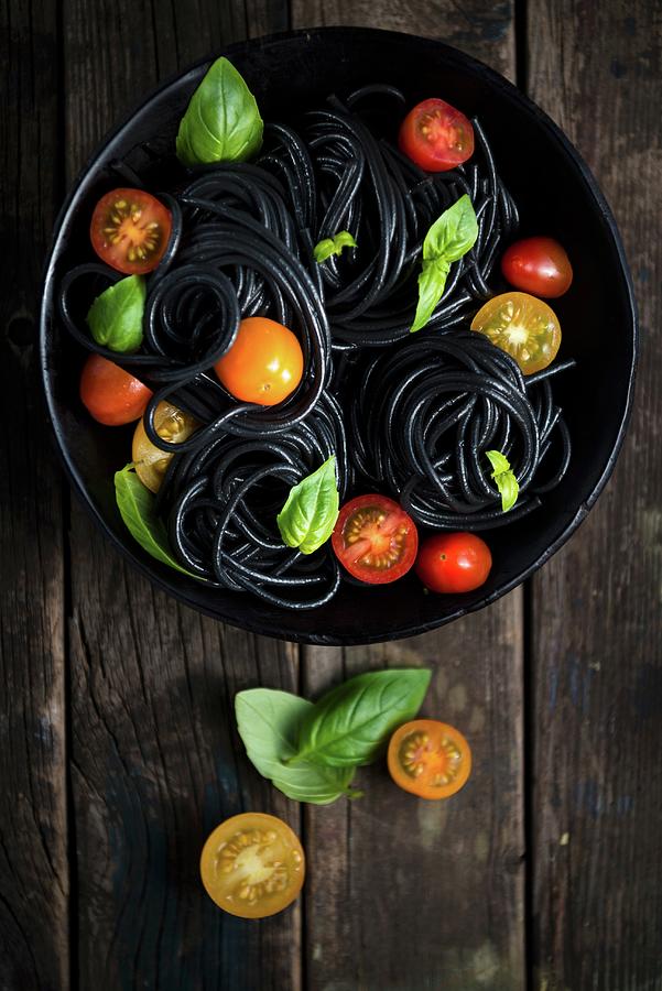 Sepia Noodles With Tomatoes And Basil Photograph by Komar - Fine Art ...