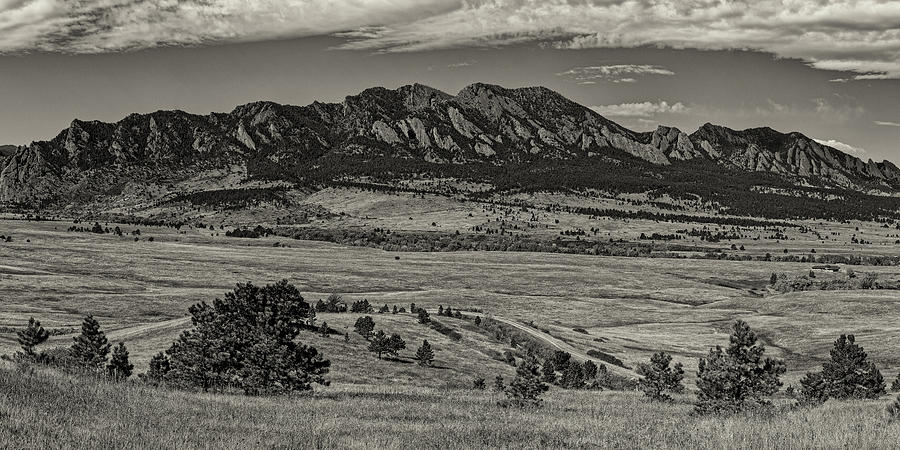 Sepia Panorama of Flatirons Mountain Range in Boulder - Rocky Mountains ...