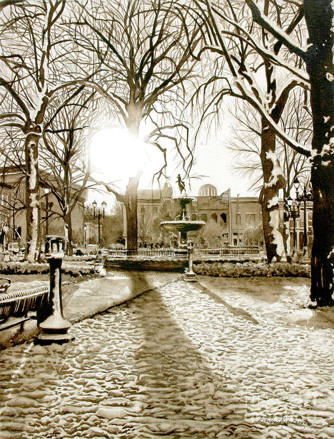 Sepia Snow In Fountain Square Park-watercolor Painting