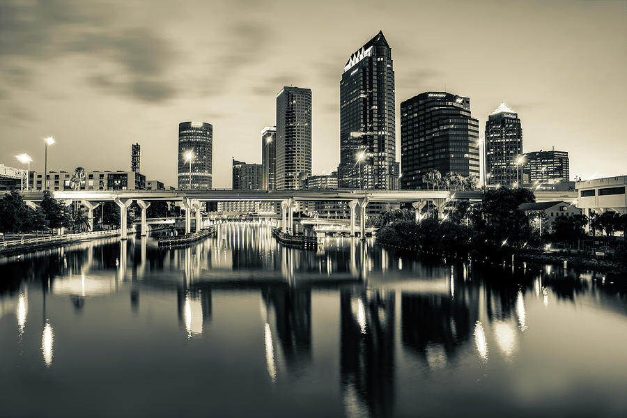 Tampa Skyline Photograph - Sepia Tampa Florida Skyline Reflections by Gregory Ballos