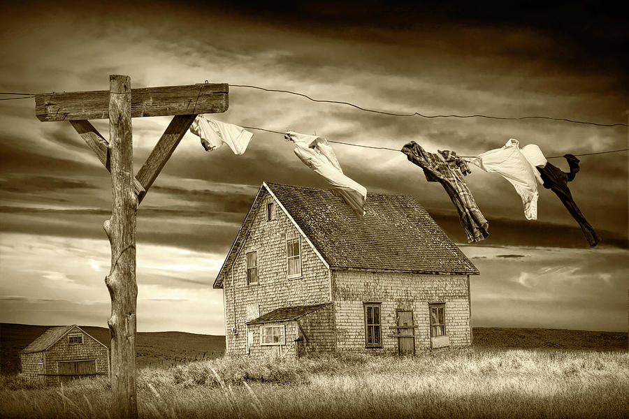 Sepia Tone of Laundry on the Line by Boarded Up House Photograph by Randall Nyhof