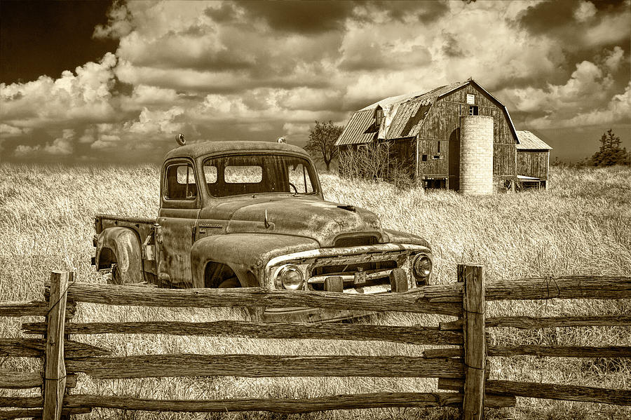 Sepia Tone of Rusted International Harvester Pickup Truck in a Rural Landscape Photograph by Randall Nyhof