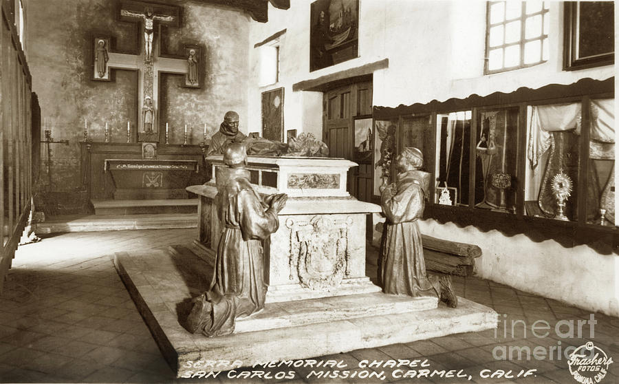 Serra Photograph - Serra Memorial cenotaph in the Serra Chapel Circa 1936  by Monterey County Historical Society