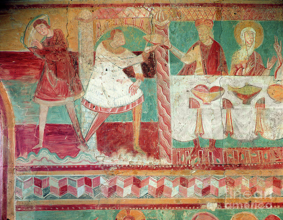 Servants Bringing A Jar Of Wine And Offering A Cup To A Guest At The Marriage At Cana, From The South Wall Of The Choir, 12th Century Painting by French School