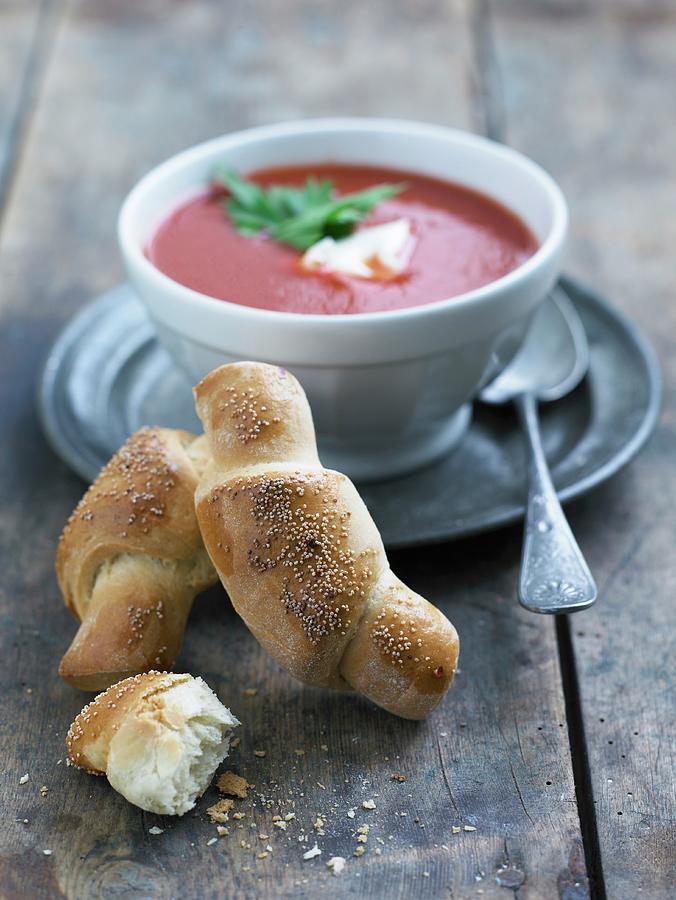 Sesame Croissants And Tomato Soup Photograph by Mikkel Adsbl