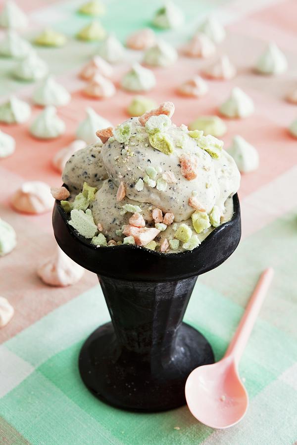 Sesame Seed Ice Cream With Pastel Coloured Meringue Dots Photograph by Ulrika Ekblom