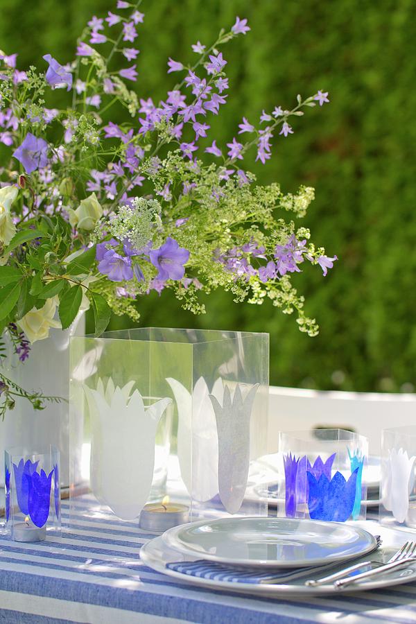 Set Garden Table Decorated With Bellflowers And Bellflower Silhouettes Photograph by Angela Francisca Endress