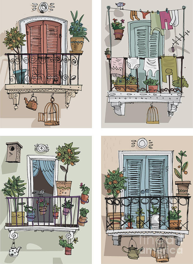 Residency Digital Art - Set Of Cute Balcony - Cartoon by Iralu Residency Digital Art - Set Of Cute Balcony - Cartoon by Iralu