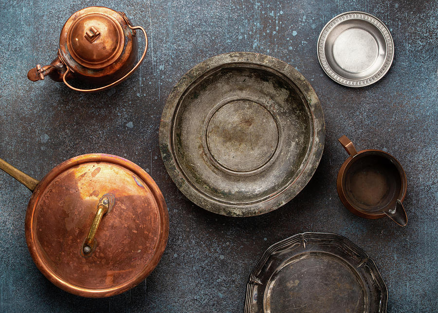 Set Of Old Vintage Copper And Nickel Silver Empty Tableware Photograph by Olena Yeromenko