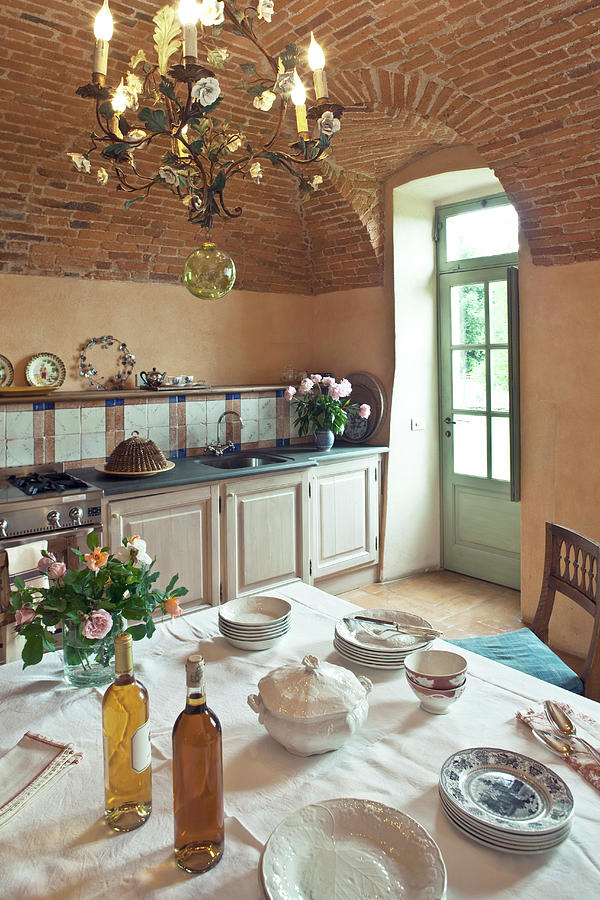 Set Table In Mediterranean Kitchen With Vaulted Ceiling Photograph by Guy Bouchet