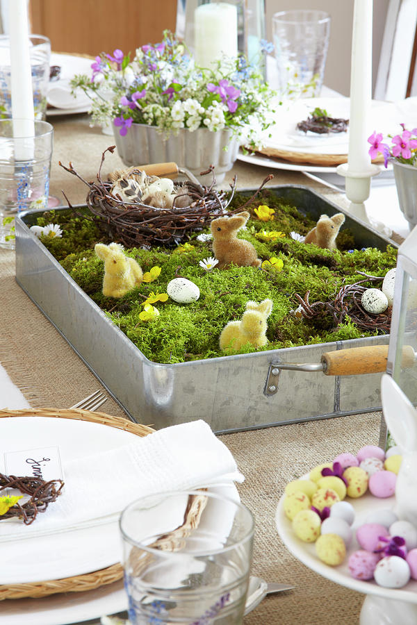 Set Table With Easter Arrangement In Vintage Baking Tray Photograph by Simon Scarboro