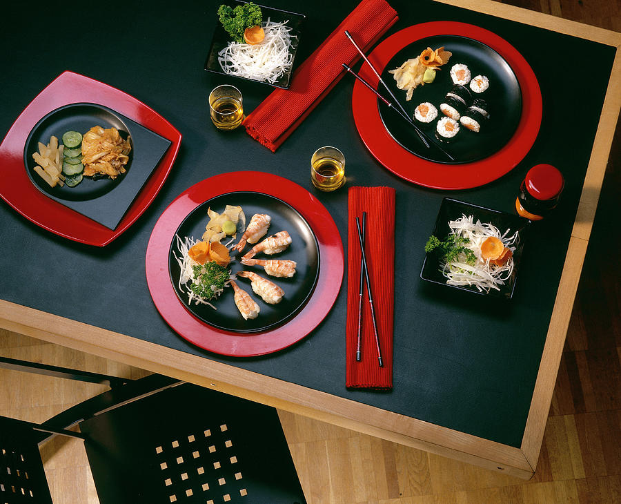 Fish Photograph - Set Table With Sushi On Plates, Overhead View by Jalag / Ferdinand Graf Luckner